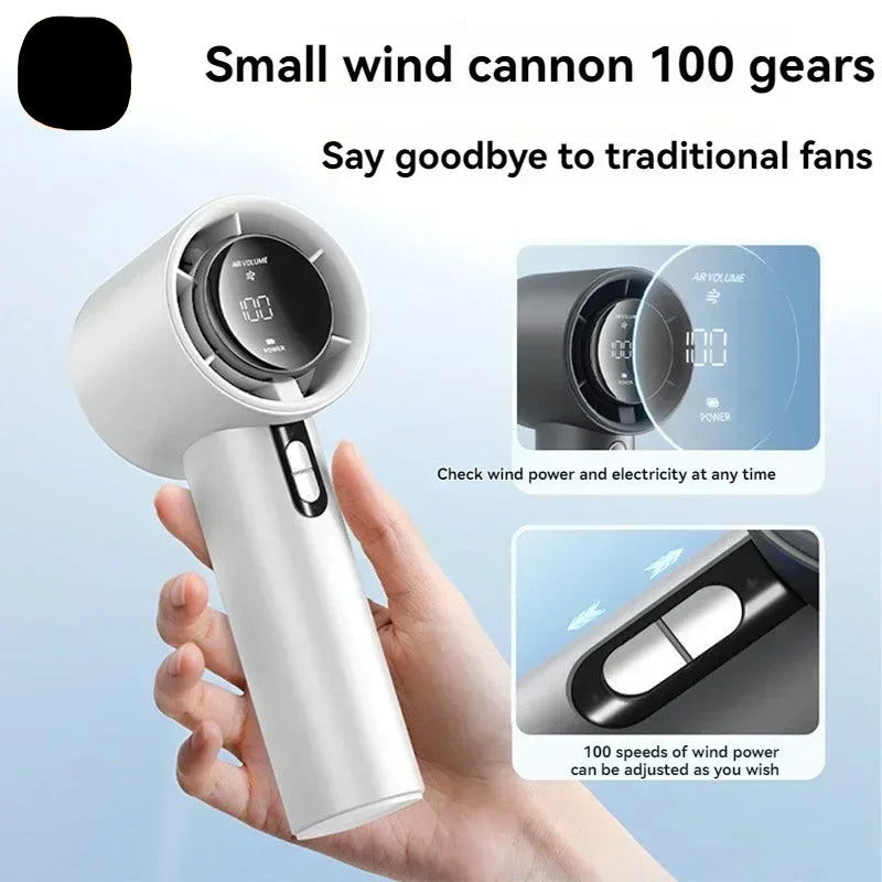 Ultra Quiet Handheld Fan, 100 Speed USB Rechargeable Portable Mini Turbo Fan for Office and Travel with LED Indicator